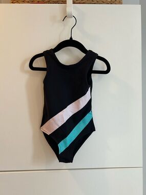 Black Leotard with Aqua and White Stripes - Size 2XS